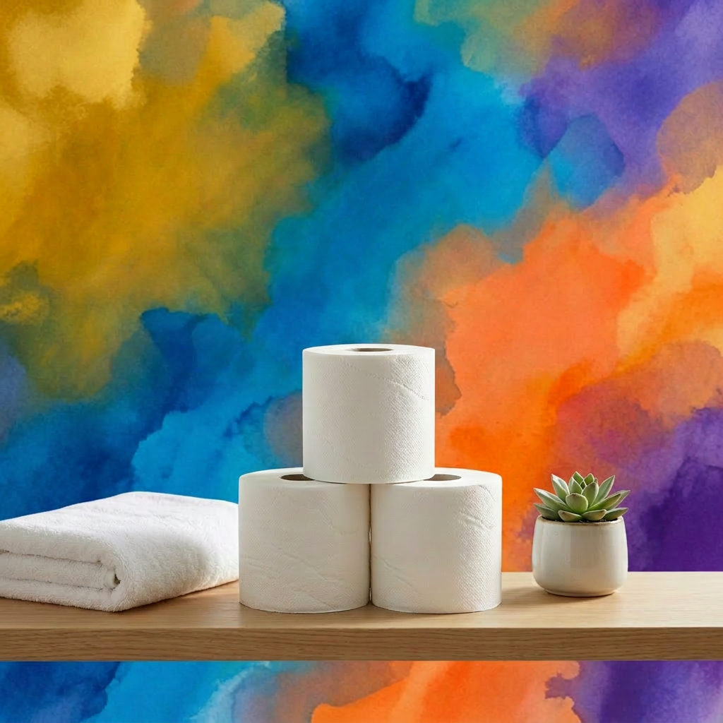 Three rolls of Softa ultra-fine cotton toilet paper stacked on a bathroom counter with a succulent plant and folded white towel