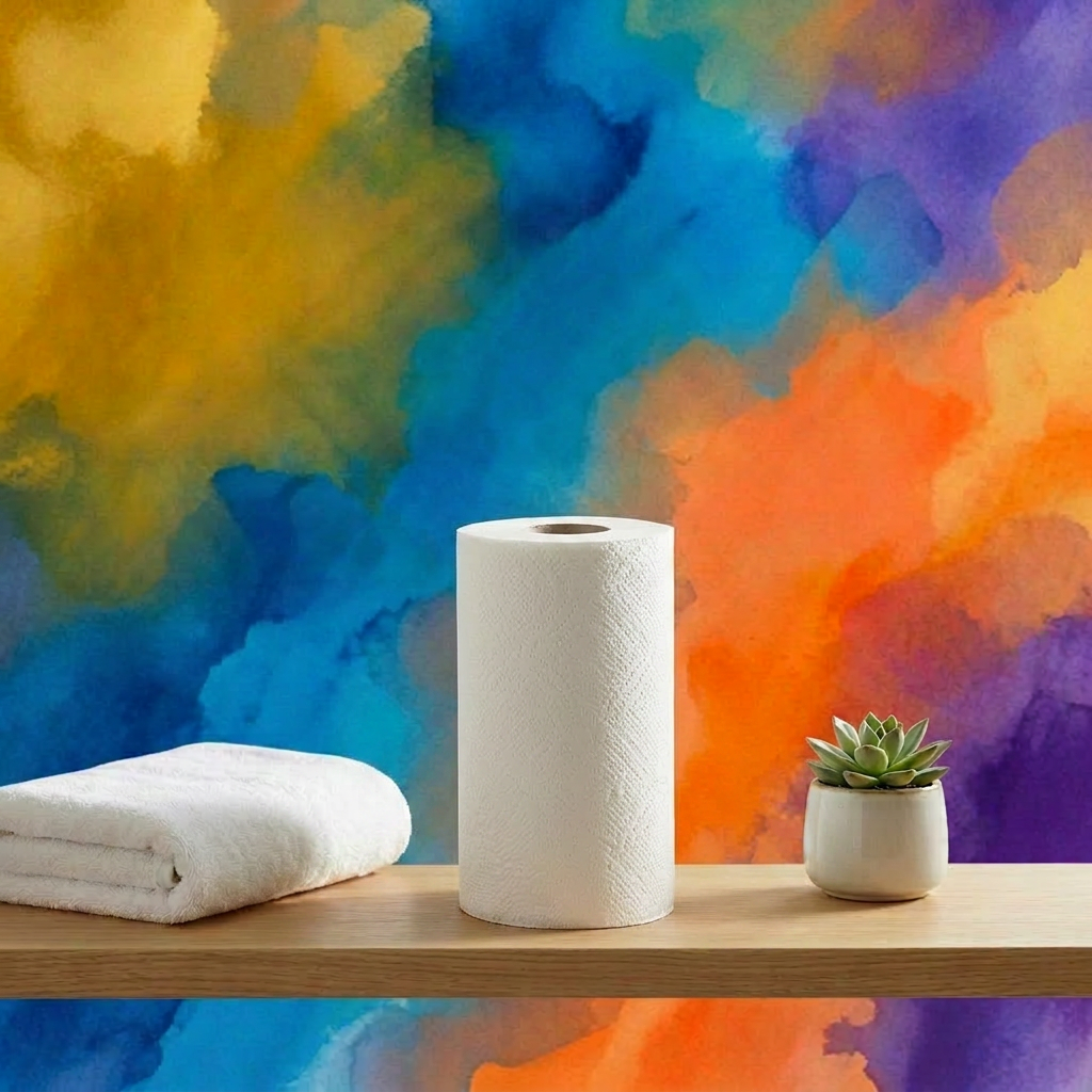 Three rolls of Softa ultra-fine cotton toilet paper stacked on a bathroom counter with a succulent plant and folded white towel