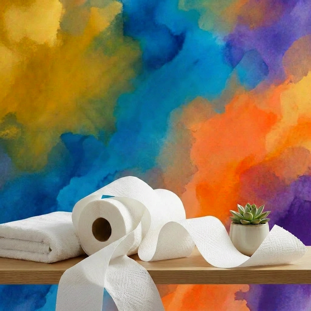 Three rolls of Softa ultra-fine cotton toilet paper stacked on a bathroom counter with a succulent plant and folded white towel