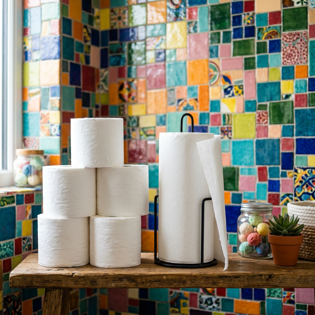 Stack of six toilet paper rolls and a paper towel holder on a wooden countertop against colorful tiled wall