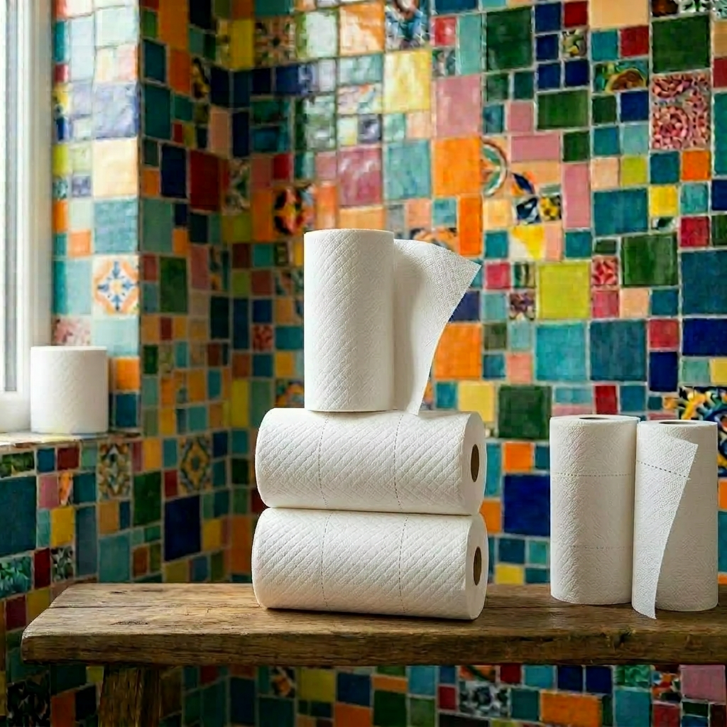 Stack of six toilet paper rolls and a paper towel holder on a wooden countertop against colorful tiled wall