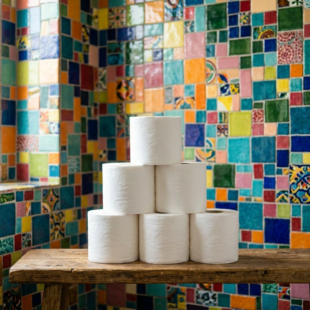 Stack of six toilet paper rolls and a paper towel holder on a wooden countertop against colorful tiled wall