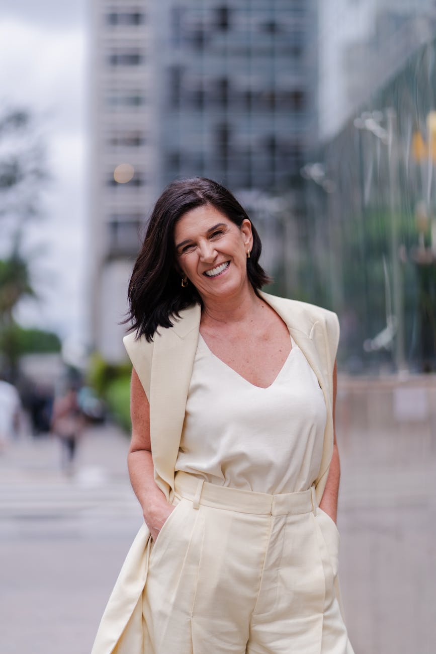 confident woman smiling in urban setting